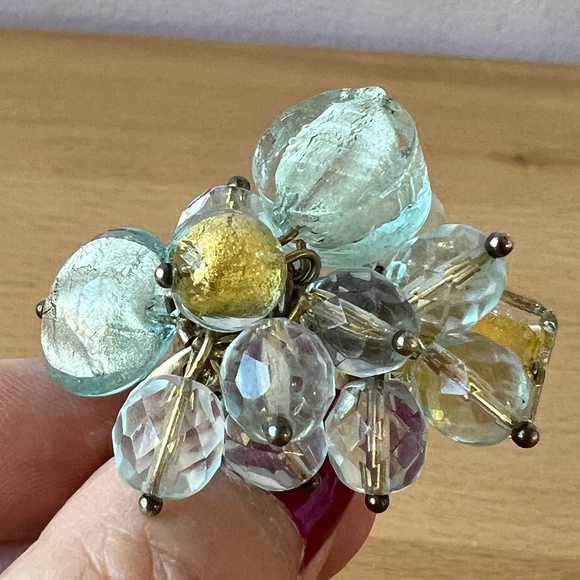 VINTAGE ARTISAN DESIGNER AQUA BLUE GOLD GLASS DANGLE RING 925 STERLING UNIQUE